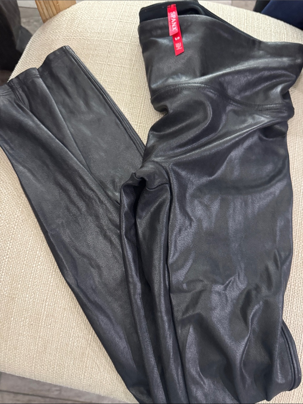 SPANX Black Faux Leather Leggings with Red Logo Tab